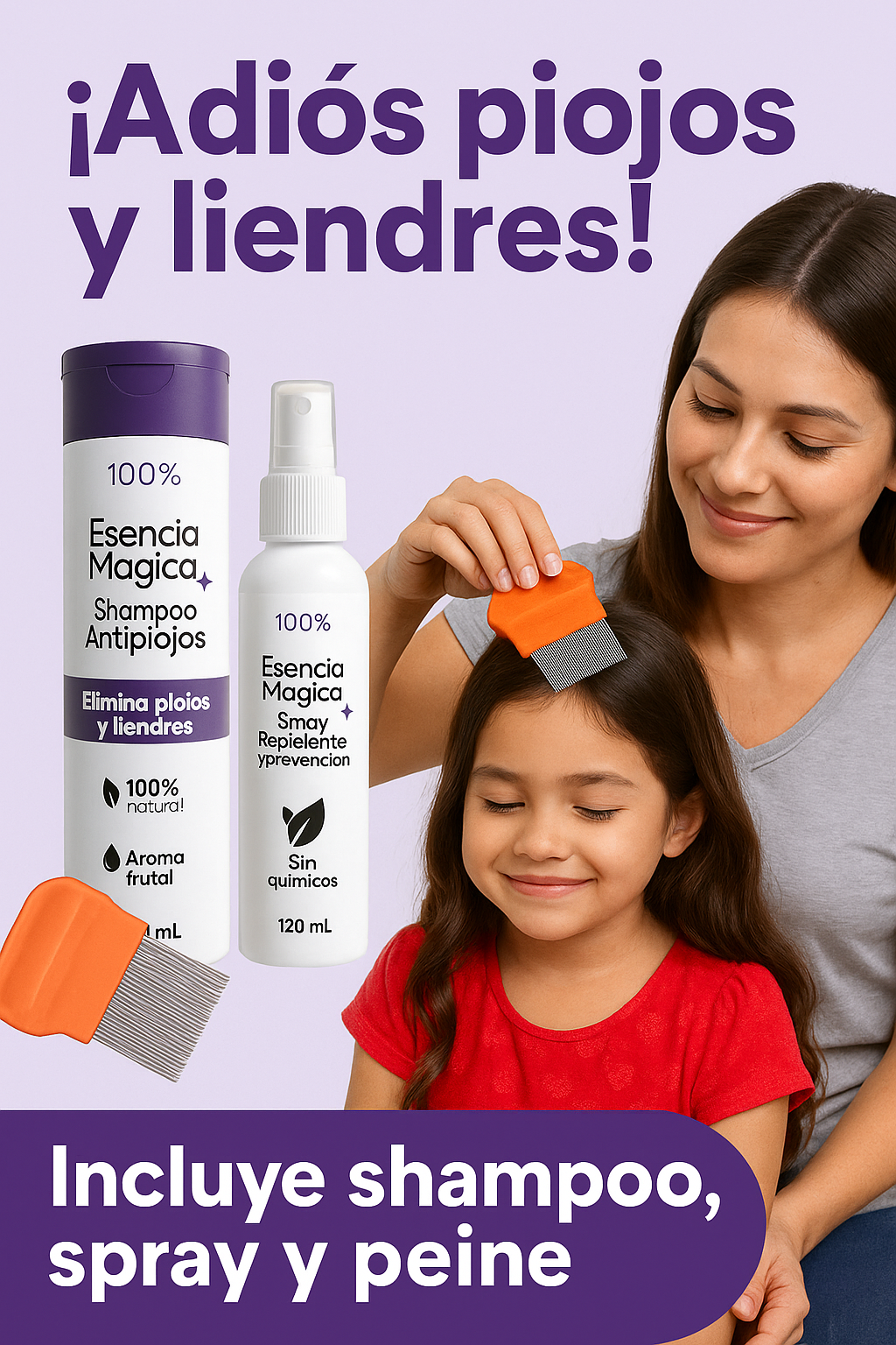 Esencia Mágica – Kit Antipiojos Natural + Spray Repelente + Peine Inoxidable