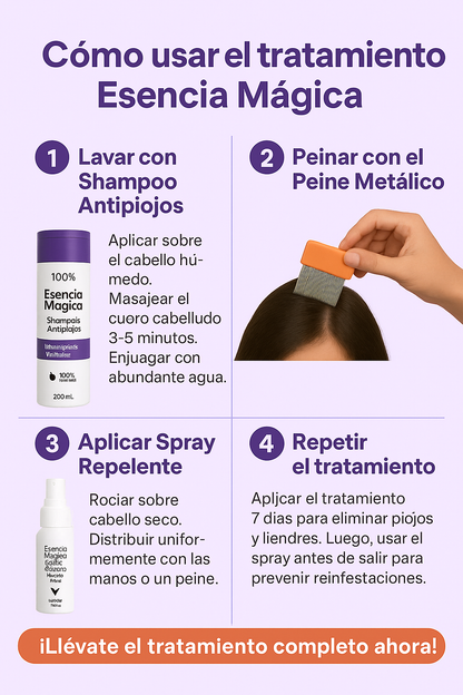 Esencia Mágica – Kit Antipiojos Natural + Spray Repelente + Peine Inoxidable